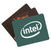 Three fabric mouse mats in various designs and colours, featuring a logo on one of them.