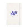 A white notebook featuring a blue logo, with a elastic band closure and a ribbon bookmark.