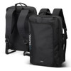 A black convertible travel backpack with adjustable straps and a logo, viewed from the front and back.
