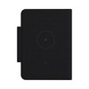 A black passport holder with a simple design and a logo on the front. It includes a global tracking tag feature.