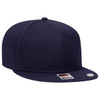 A navy blue six-panel snapback cap featuring a logo on the front.