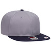 A grey snapback cap with a navy blue peak, featuring a branded label and a structured six-panel design.