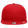 A red 6 panel mid profile snapback cap with a flat brim and a logo on the front.