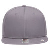 A grey 6 panel mid profile snapback cap with a flat brim, featuring a logo on the front.