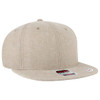 A beige 6 panel mid profile snapback cap with a flat brim and a logo on the side.