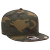 A camouflage six-panel mid-profile snapback cap with a flat brim and a logo on the front.