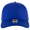 A blue low profile trucker cap with a flexible fit and a label on the front.