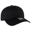 A black Flex Fit 6 Panel Low Profile Trucker Cap with mesh back and a logo on the front panel.
