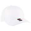 A white Flex Fit 6 Panel Low Profile Trucker Cap with mesh sides and a logo on the front.