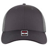 A grey low profile trucker cap with a mesh back and a logo on the front panel.