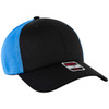 A black and blue Flex Fit 6 Panel Low Profile Trucker Cap with a mesh back and a branded label.