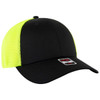 A black and neon yellow low-profile trucker cap with a mesh back and a logo on the front.