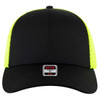 A black trucker cap with bright yellow mesh panels and a logo on the front.