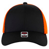 A black and orange Flex Fit 6 Panel Low Profile Trucker Cap with a logo on the front panel.