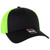 A black trucker cap with a low profile and bright green mesh back, featuring a logo on the front.