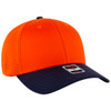 An orange and navy blue Flex Fit 6 Panel Low Profile Trucker Cap with a mesh back and a logo.