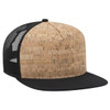 A five-panel pro style trucker cap featuring a cork front and black mesh sides. It has a logo on the front.
