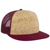 A maroon and cork 5 Panel Pro Style Trucker Cap with mesh sides and a curved peak, featuring a logo.