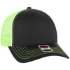 A black and neon green 5 Panel Low Profile Trucker Cap with a mesh back and a logo on the front.