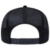 A black 5 panel low profile trucker cap featuring a mesh back and an adjustable snap closure.