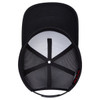 A black 5 panel low profile trucker cap with a mesh interior and a curved visor, featuring a logo.