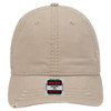 A khaki 6 Panel Low Profile Dad Cap with a logo on the front and a relaxed fit design.