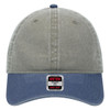 A low-profile, six-panel dad cap in grey and navy blue, featuring a logo on the front.
