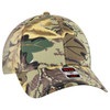 A camo-patterned 6 panel trucker hat featuring a mesh back and an adjustable strap.