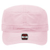 A pink military-style hat with a foldable brim and a logo on the front.