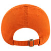 An orange 6 panel low profile dad cap featuring an adjustable strap and a logo on the back.