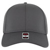 A grey, low-profile, six-panel baseball cap with a flexible fit and a logo on the front.
