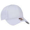 A white 6 panel low profile baseball cap with a branded tag on the side.