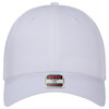 A white low profile baseball cap featuring a logo on the front. The cap has six panels and a rounded crown.