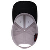 A 6 panel low profile baseball cap in black with a grey interior and a logo inside.