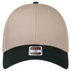 A low-profile baseball cap featuring a beige crown and a dark green brim, complete with a logo on the front.