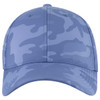 A low profile baseball cap in a blue camouflage pattern, featuring a logo on the front.