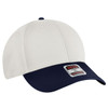 A low-profile baseball cap featuring a white crown and navy blue brim, with a logo on the front.