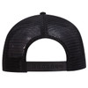 A black low profile trucker dad cap featuring a mesh back and an adjustable strap. Includes a logo.