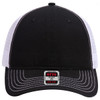 A black and white 6-panel low profile trucker dad cap with a logo on the front and contrasting stitching.