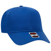 A blue 6 panel baseball cap with a curved visor and an attached branded label.