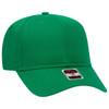 A green 6-panel baseball cap featuring a logo on the front.