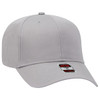 A grey six-panel baseball cap featuring a curved brim and a logo on the front.