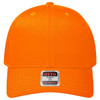 An orange 6-panel mid-profile baseball cap with a blank front and a brand label on the underside of the peak.