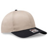 A beige and black 6-panel mid-profile baseball cap with a logo on the front.
