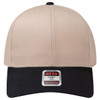 A beige and black 6-panel mid-profile baseball cap featuring a logo on the front.