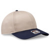A beige and navy 6 panel mid profile baseball cap with a logo on the front.