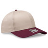 A beige and maroon 6-panel mid-profile baseball cap with a logo on the front.