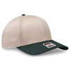 A beige and dark green six-panel mid profile baseball cap with a logo on the side.