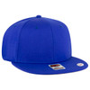 A blue mid-profile snapback hat with a flat brim and a logo on the side.