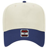 A 5 panel mid crown baseball cap in cream and navy blue, featuring a logo on the front.